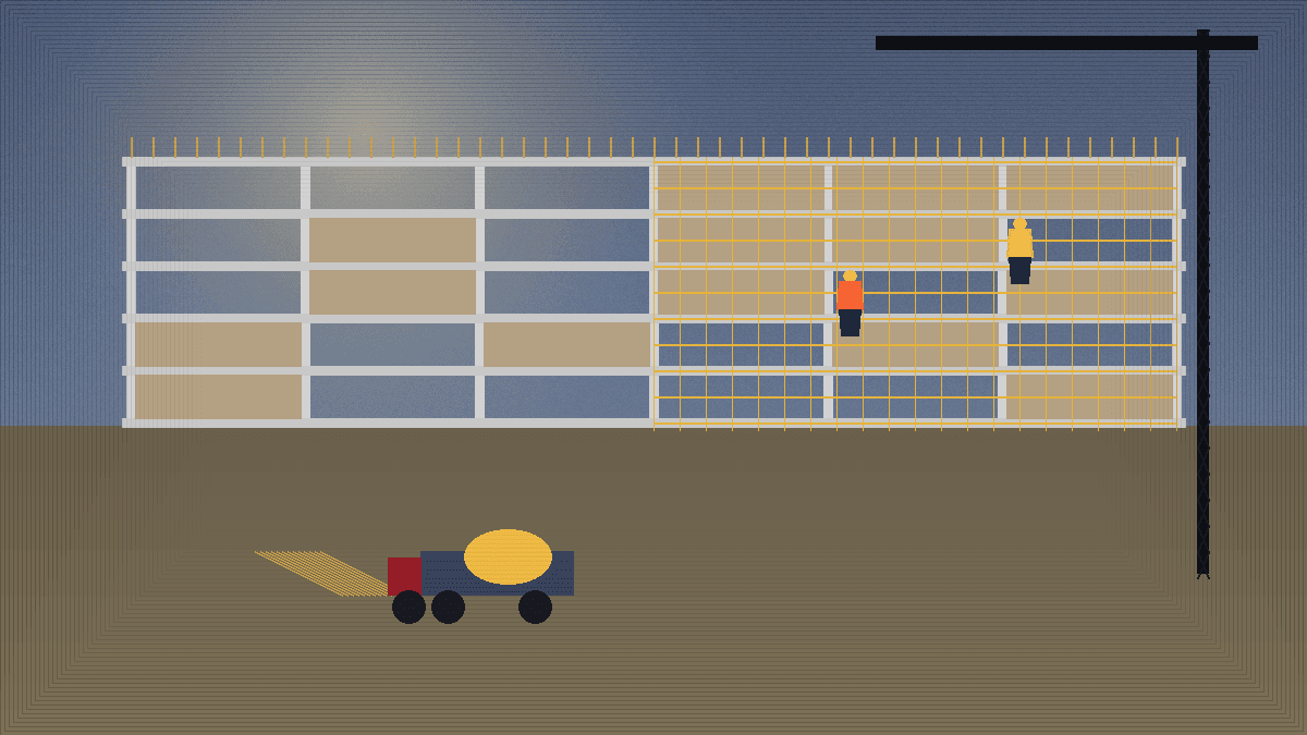 Active construction site in Montenegro — scaffolding, crane, reinforced-concrete frame