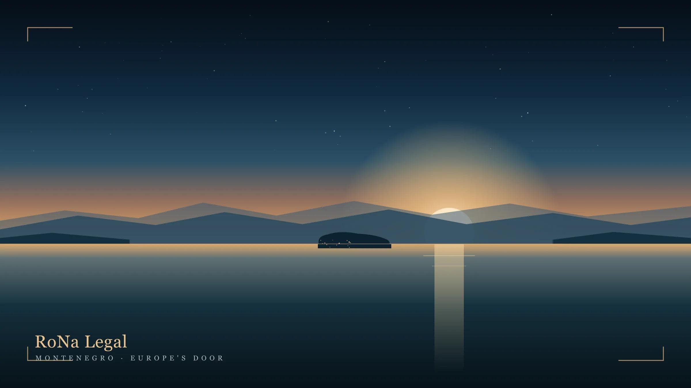 Editorial dusk over the Montenegrin Adriatic coast — layered coastal mountains, a calm sea, and a small islet with warm window lights under a gold horizon glow.