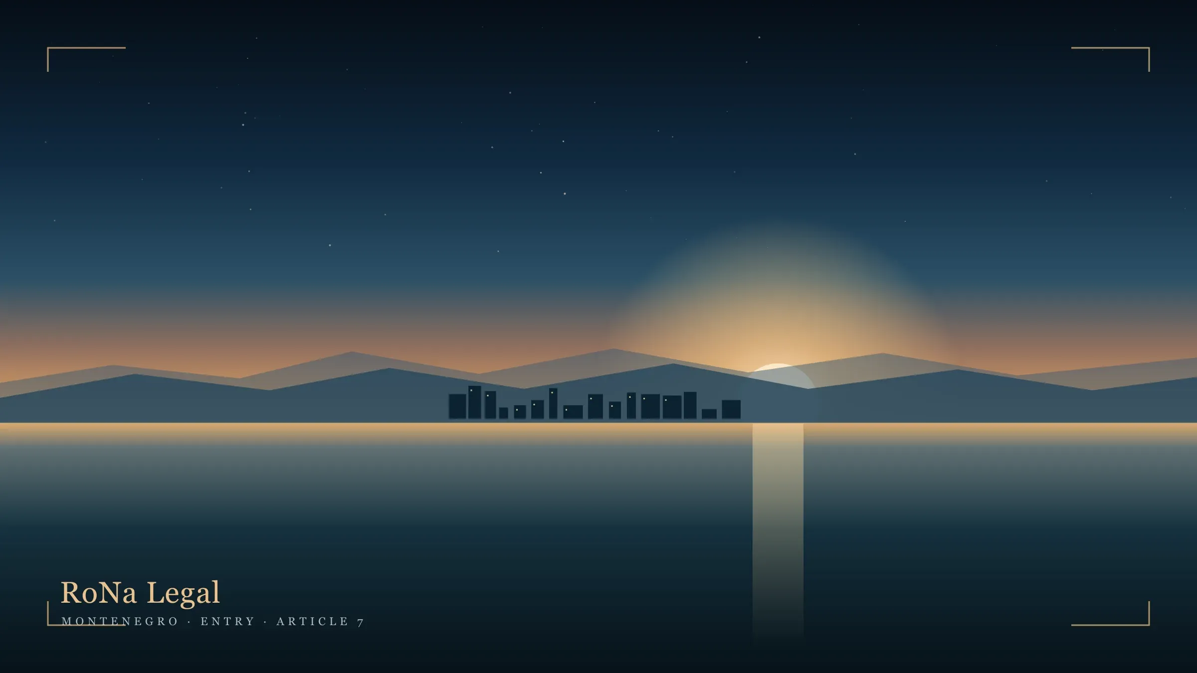 Editorial dusk over a Montenegrin Adriatic harbour, RoNa Legal cover for the Article 7 document-based entry guide