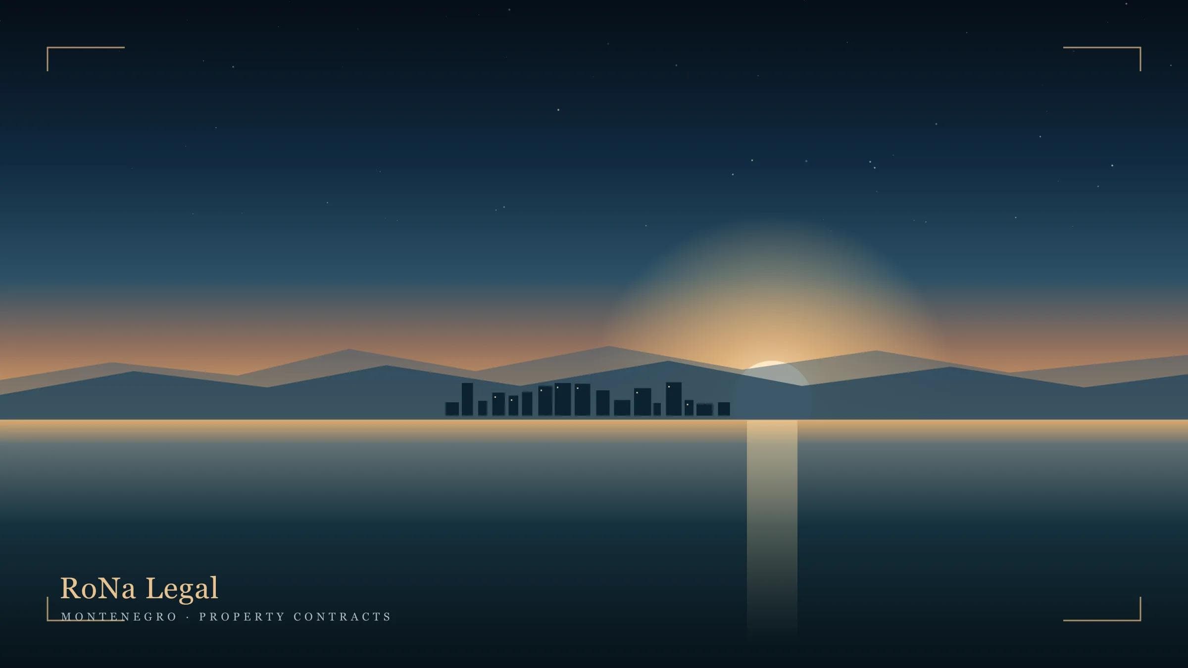 Editorial dusk over a calm Montenegrin Adriatic harbour with layered coastal mountains and warm gold horizon light — brand cover for the reservation agreement and pre-SPA buyer guide.